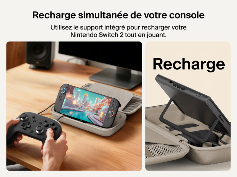 The Belkin Gaming Charging Case powers the Nintendo Switch 2 while in use, featuring a built-in kickstand for hands-free gameplay and uninterrupted charging with a connected controller.