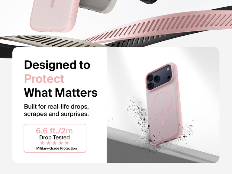 Belkin SheerForce Grip Series Case for iPhone 17 shown with textured grip and impact protection against drops.