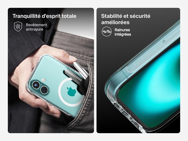 A dual-image showcase of the SheerForce™ Magnetic iPhone Case's key protective features. The left image highlights the anti-scratch coating, showing the case protecting an iPhone from keys in a pocket. The right image focuses on the enhanced stability and grip, featuring special textured grooves that improve handling and reduce the risk of slipping.