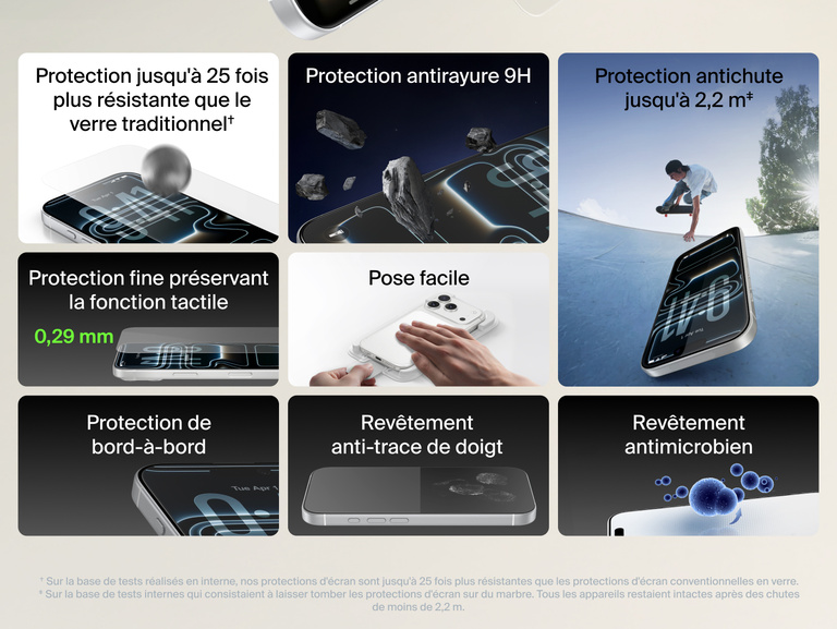Belkin ScreenForce UltraGlass 2 Screen Protector with 25x stronger glass, 9H scratch resistance, 7.2 ft drop protection, ultra-thin 0.29mm design, edge-to-edge coverage, anti-fingerprint, antimicrobial treatment, and easy application.