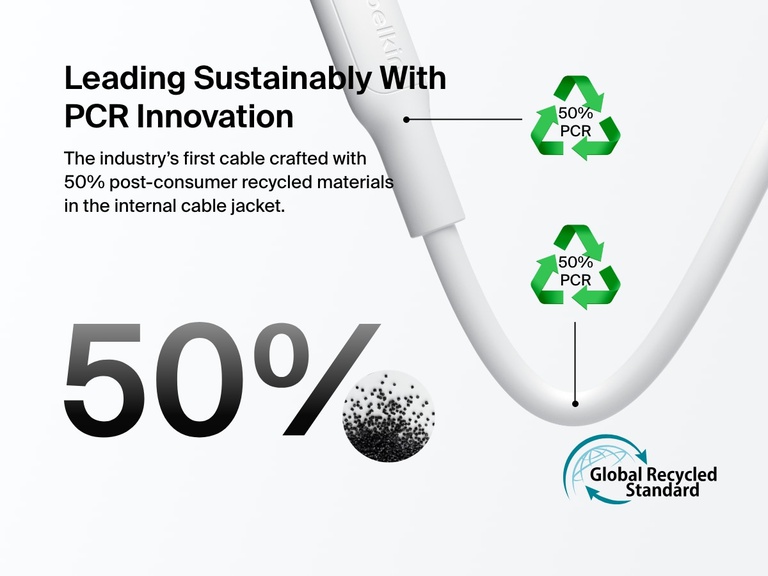 Close-up of the Belkin BoostCharge USB-A to USB-C Cable 15W highlighting its eco-friendly design made with 50% post-consumer recycled materials in the internal cable jacket.