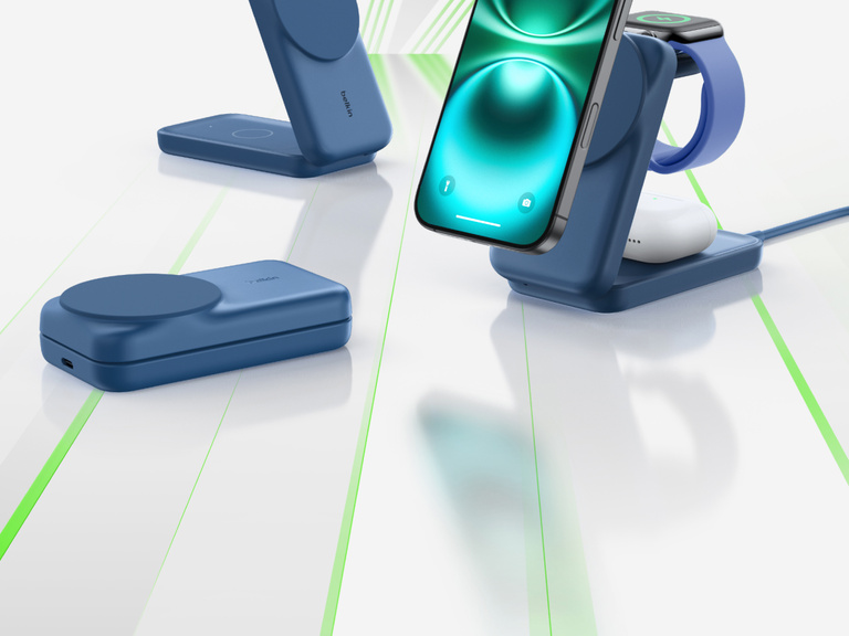 Belkin UltraCharge 3-in-1 Foldable Magnetic Charger with Qi2 25W shown charging an iPhone and AirPods, with additional charging configurations displayed.