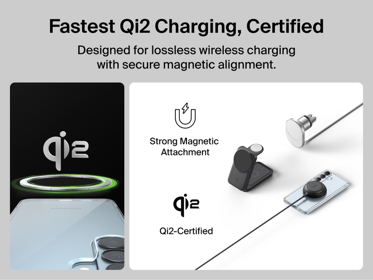 Belkin SheerForce Clear Series Case for Samsung Galaxy S26 shown supporting Qi2-certified 25W wireless charging with secure magnetic alignment for fast, efficient, and reliable charging.