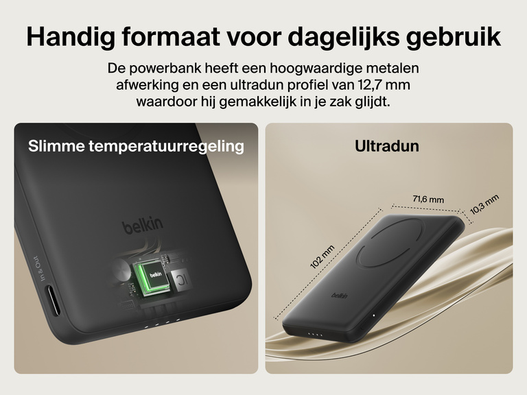 Belkin BoostCharge Slim Magnetic Power Bank 5K shown with smart thermal control and ultra-slim 0.5-inch profile designed for portable, pocket-friendly charging.