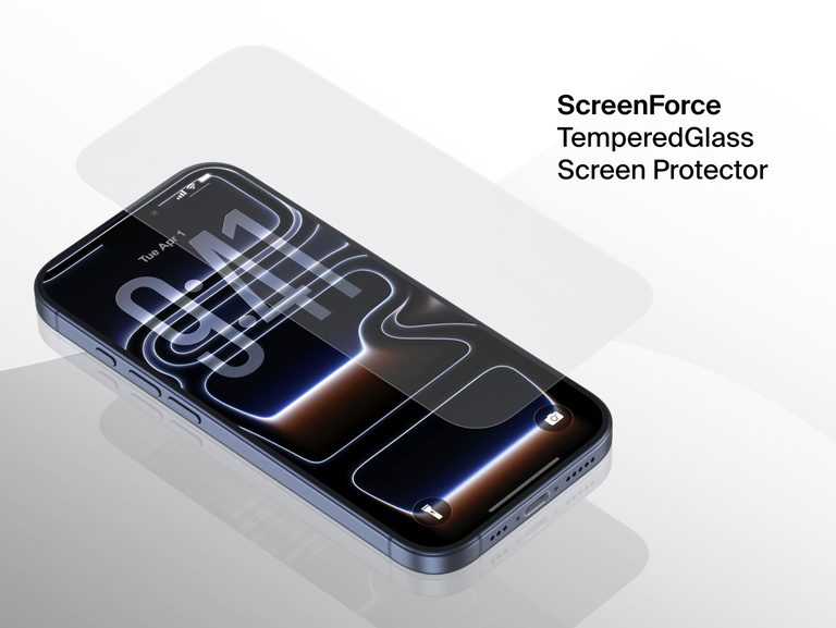 Belkin ScreenForce TemperedGlass Screen Protector 1-Pack shown on iPhone, providing durable scratch and impact protection with crystal-clear clarity.