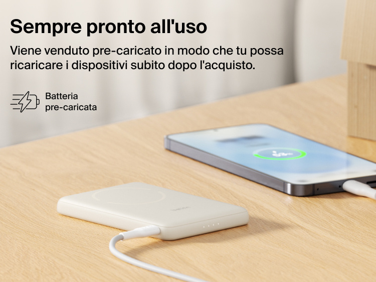 Belkin BoostCharge Slim Magnetic Power Bank 5K with Qi2 shown precharged and ready to deliver fast, portable wired or magnetic wireless charging straight out of the box.