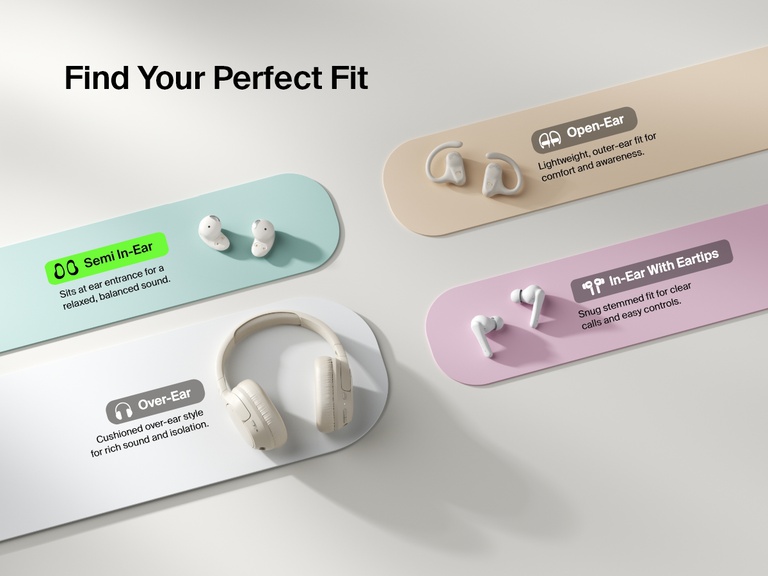 Belkin SoundForm Anywhere Wireless Earbuds shown as a semi in-ear fit option alongside open-ear, in-ear with eartips, and over-ear styles for the perfect fit.