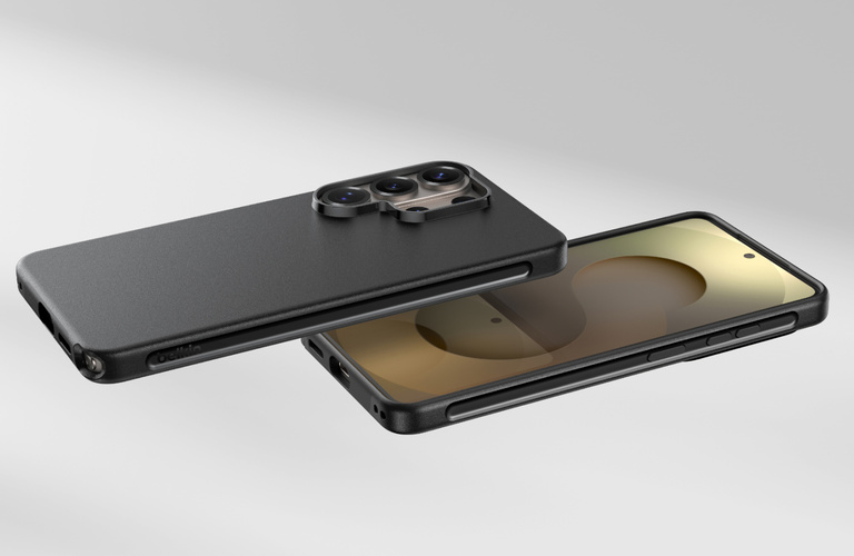 Two Samsung smartphones shown with slim black protective cases, one face-down and one face-up, highlighting the case design, camera protection, and precise cutouts against a clean, minimal background.