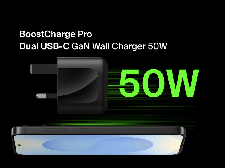 Belkin BoostCharge Pro Dual USB-C GaN Wall Charger 50W in white with compact foldable design shown alongside bold green 50W text on a black background.
