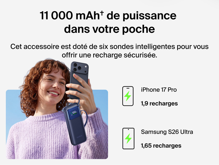 Image d'une personne tenant un t&eacute;l&eacute;phone branch&eacute; &agrave; la batterie externe 11K UltraCharge avec c&acirc;ble r&eacute;tractable, mettant en avant sa capacit&eacute; de 11&nbsp;000&nbsp;mAh offrant plusieurs recharges de t&eacute;l&eacute;phone.