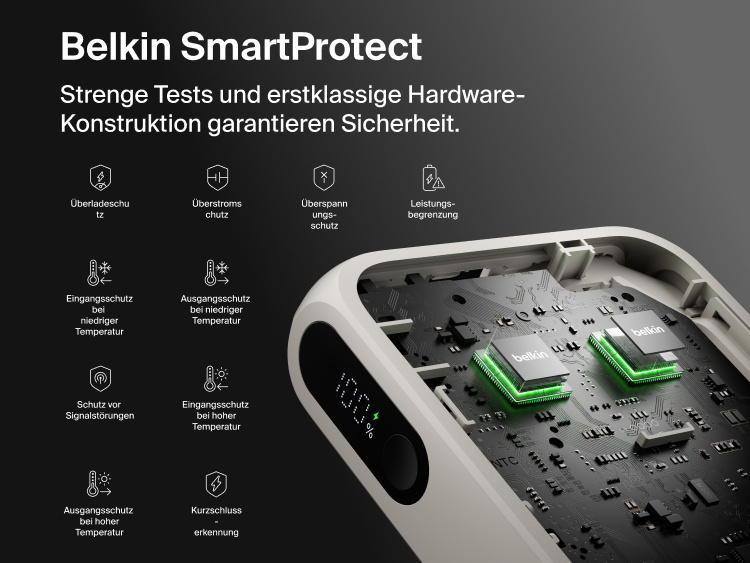 Belkin UltraCharge 10K power bank with integrated USB-C cable and digital display featuring SmartProtect safety system with multiple protection layers for reliable charging