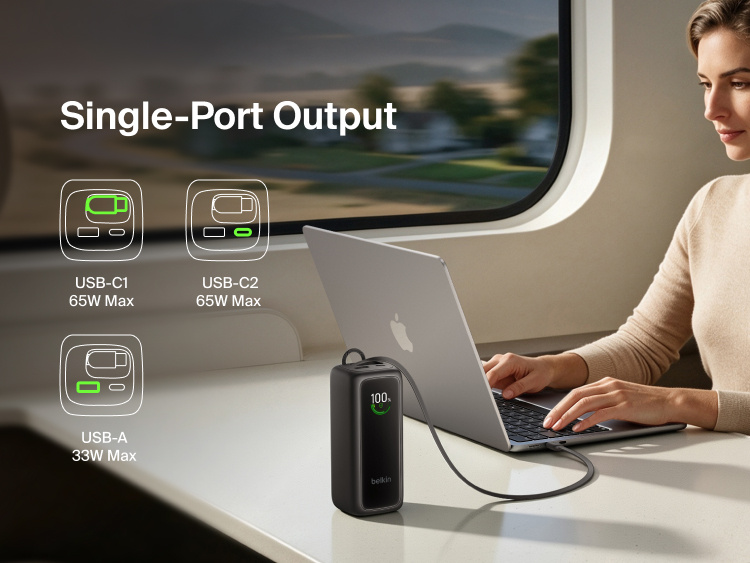 UltraCharge Power Bank 22K with Retractable Cable charging a laptop from a single port on a train tray table, with icons showing USB-C1, USB-C2, and USB-A single-port output wattages