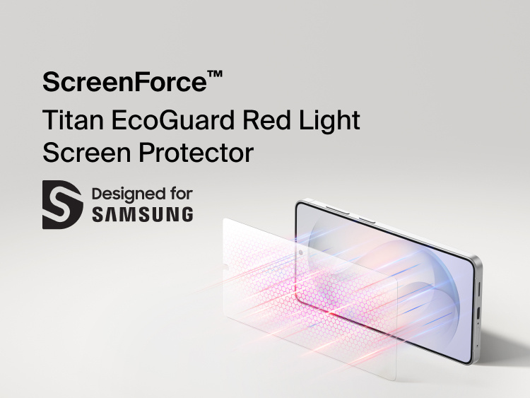 Belkin ScreenForce Titan EcoGuard Red Light Screen Protector designed for Samsung Galaxy S26, shown applying durable screen protection that helps reduce blue light exposure while preserving display clarity.