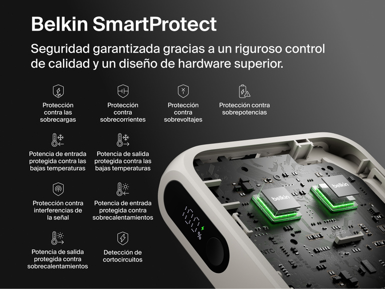 Belkin UltraCharge 20K 45W power bank with integrated cable featuring SmartProtect safety system with multi-layer protection for secure and reliable charging