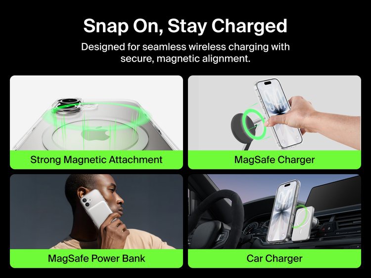Belkin SheerForce Clear Series Case for iPhone 17 supports MagSafe accessories with strong magnetic attachment for chargers, power banks, and car mounts.