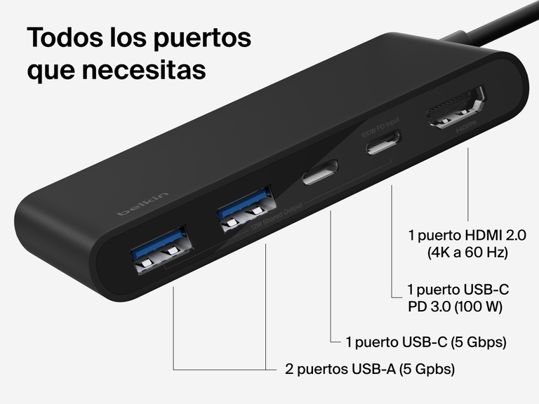 Belkin Connect 5-Port USB-C Hub with Dual USB-C Ports includes HDMI 2.0 4K@60Hz, USB-C PD 3.0 100W, USB-C 5Gbps, and dual USB-A 5Gbps ports.