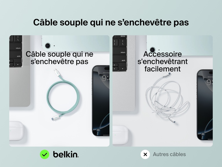 Image de comparaison montrant d'un côté le câble USB-C vers USB-C Belkin BoostCharge (60 W), souple et résistant aux enchevêtrement, et de l'autre un câble standard qui s'emmêle facilement.