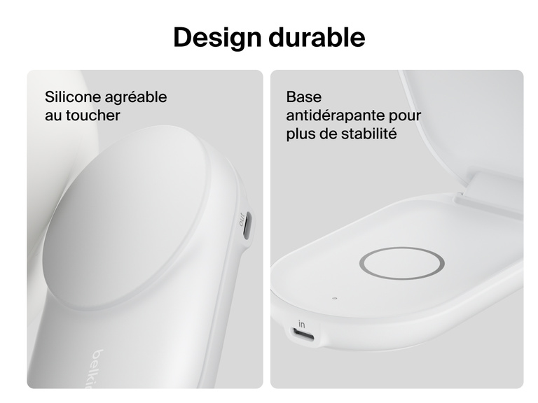 Socle de recharge 2-en-1 aimanté et pliable Belkin UltraCharge avec Qi2 25 W doté d'un revêtement en silicone doux au toucher et d'une base antidérapante pour une durabilité améliorée et une recharge sécurisée.