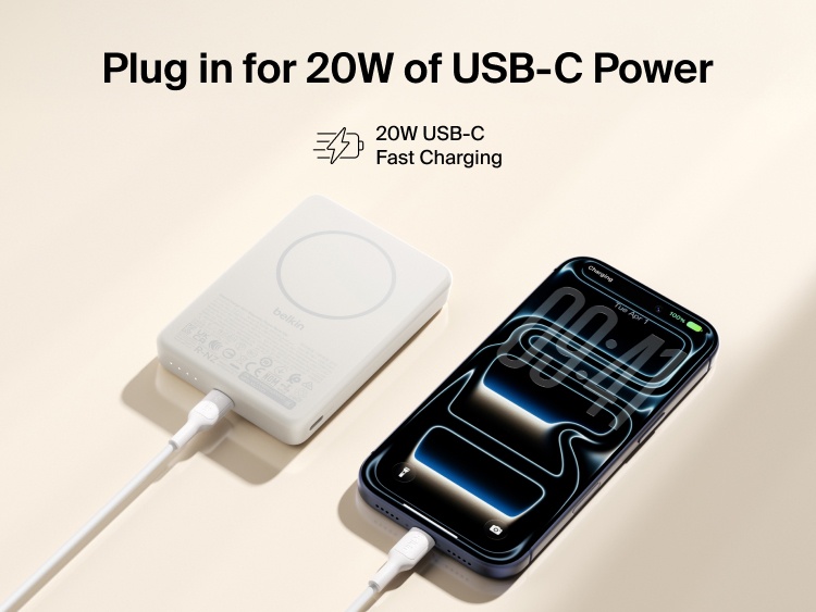Belkin BoostCharge Slim Magnetic Power Bank 10K delivering 20W USB-C fast charging to a smartphone via cable alongside portable battery design
