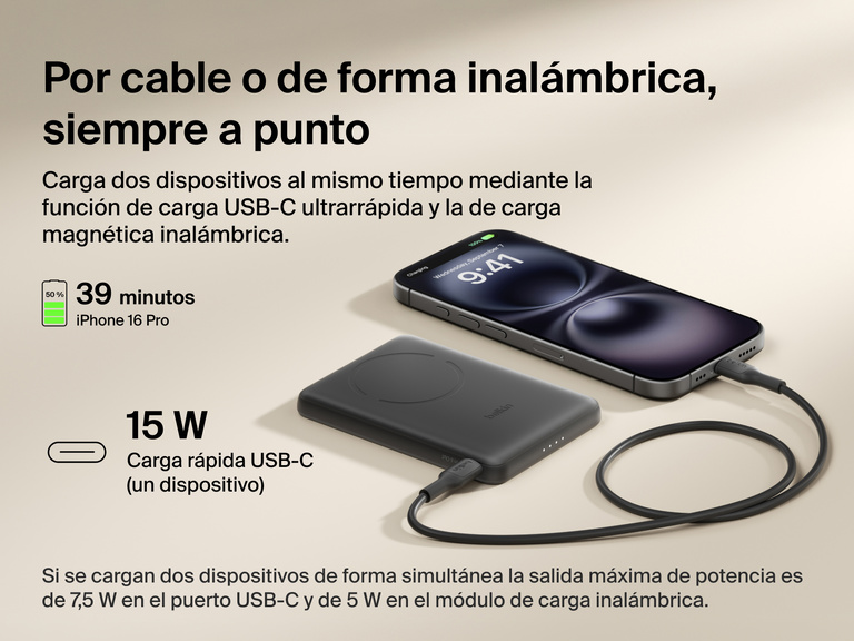 Belkin BoostCharge Slim Magnetic Power Bank 5K shown charging a smartphone via USB-C, highlighting 15W fast charging and dual wired or magnetic wireless power capability.
