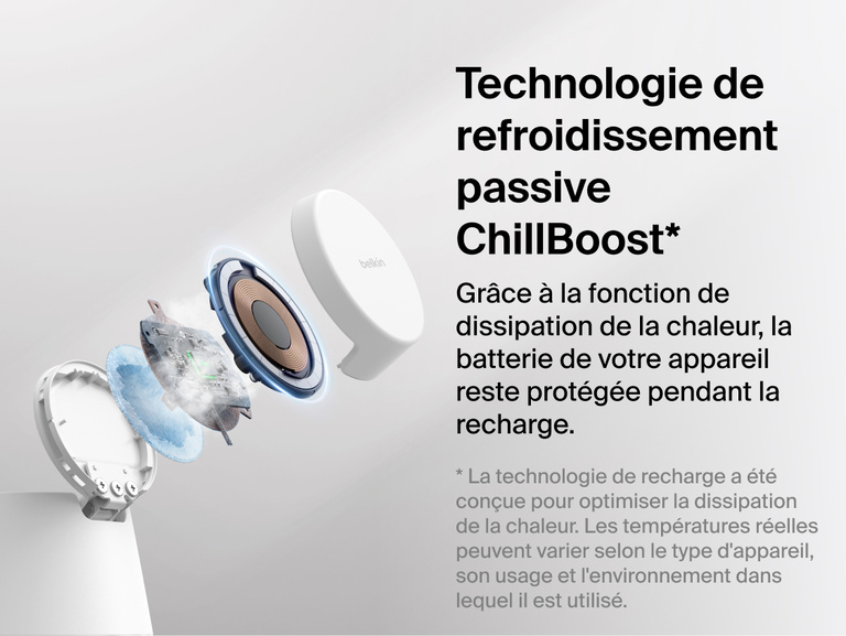 Image de la station de recharge modulaire Belkin UltraCharge avec Qi2 25&nbsp;W et la technologie de refroidissement passive ChillBoost con&ccedil;ue pour une meilleure dissipation de la chaleur et pour une protection de la batterie lors de la recharge sans fil.