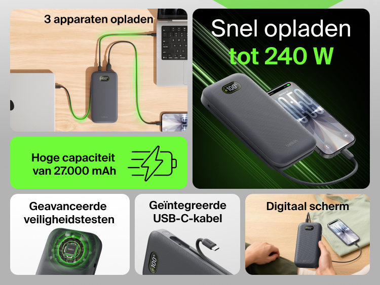 UltraCharge Pro Laptop Power Bank 27K charging three devices with integrated USB-C cable, digital display, and high-capacity fast charging up to 240W