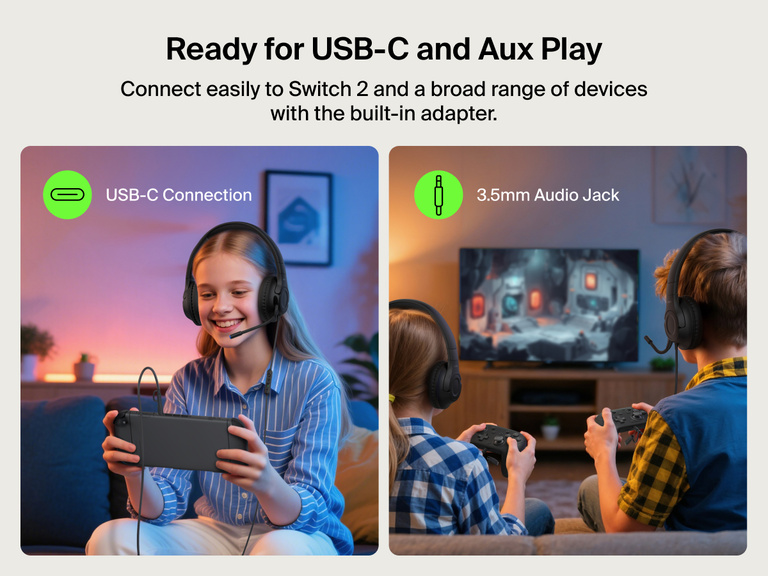 Kids using the Belkin Gaming Inspire Wired Headset for Nintendo Switch 2, demonstrating USB-C and 3.5mm audio jack connectivity for versatile gaming across devices.