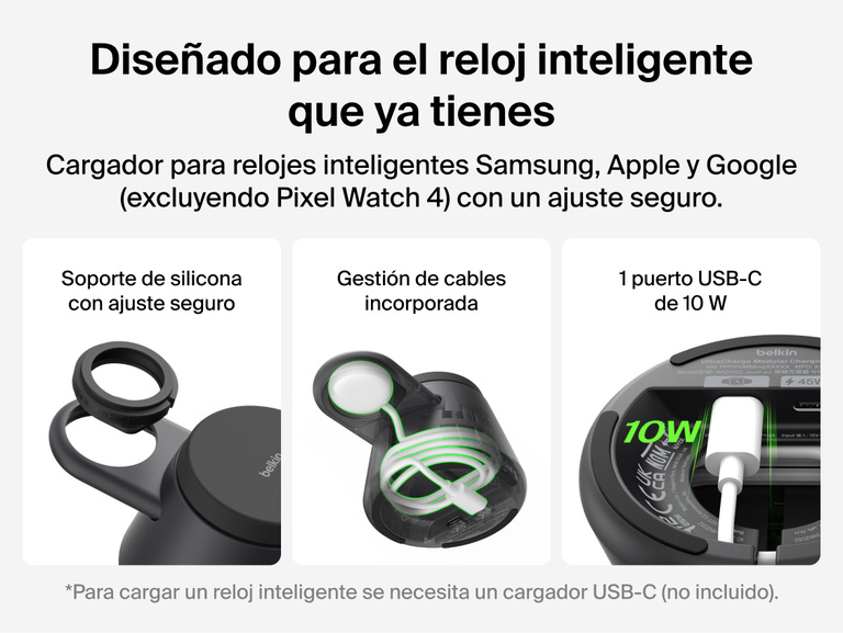Se muestra la estaci&oacute;n de carga modular con Qi2 de 25 W Belkin UltraCharge, destacando su soporte de silicona con ajuste seguro para reloj inteligente, la gesti&oacute;n de cable integrada y el puerto USB-C de 10 W para una carga m&aacute;s flexible con cargadores compatibles de Apple, Google y Samsung.