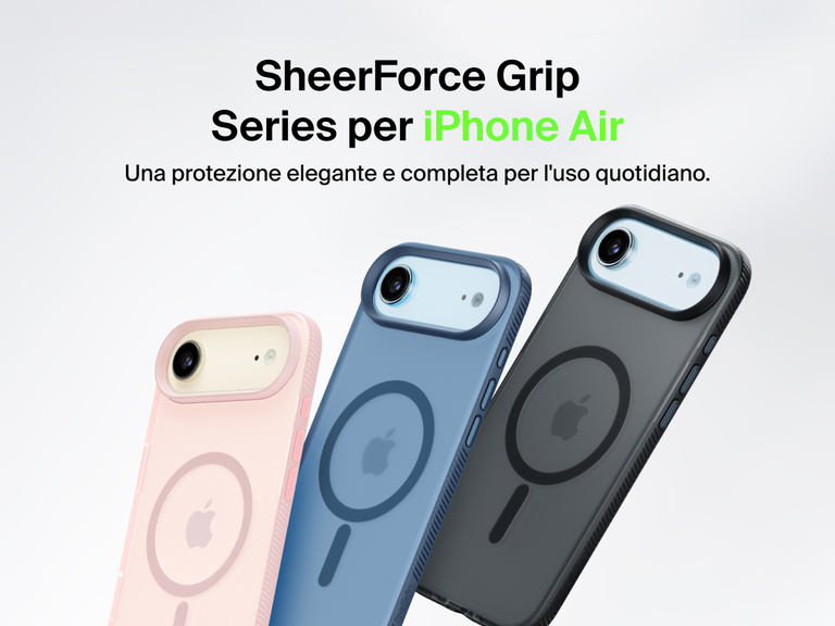 Belkin SheerForce Grip Series protective case for iPhone 17 shown in pink, clear, and black with slim design and MagSafe compatibility.
