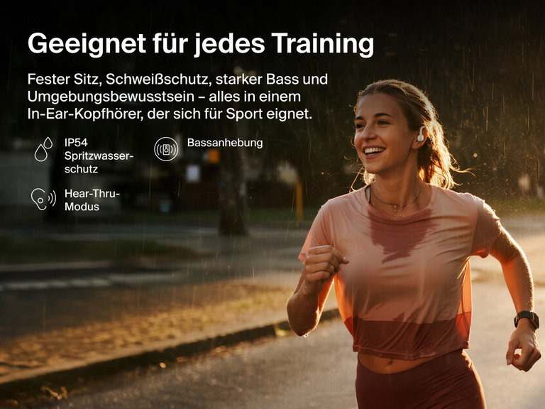 Belkin SoundForm ActiveFit Wireless Earbuds with secure fit, IP54 water resistance, bass boost, and Hear-Thru mode, shown on a runner in the rain.