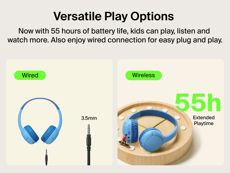 SoundForm Mini 2 Wireless On-Ear Headphones for Kids shown in two connection modes: wired with a 3.5mm audio cable, and wireless on a decorative wooden tray with a toy skateboarder, with 55h Extended Playtime callout