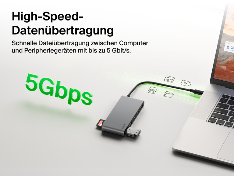 Belkin Connect 7-Port USB-C Hub with Dual USB-C Ports enabling high-speed data transfer up to 5Gbps between laptop and devices.