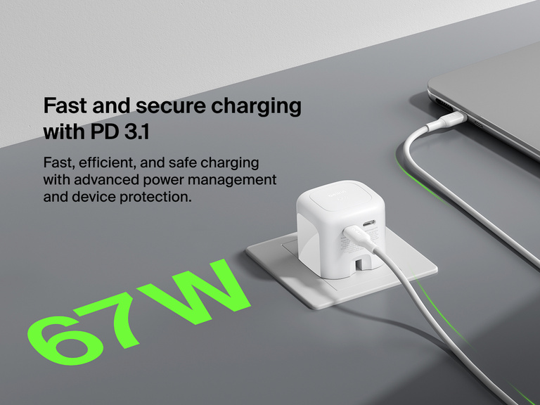 Belkin BoostCharge Pro Dual USB-C GaN Wall Charger 67W shown delivering fast and secure PD 3.1 charging with advanced power management for efficient device protection.