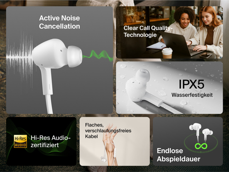 Belkin SoundForm ANC Wired Earbuds with USB-C® featuring active noise cancellation, IPX5 water resistance, Hi-Res audio, tangle-free cable, and clear call quality.