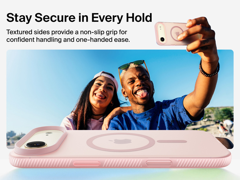 Belkin SheerForce Grip Series Case for iPhone 17 with military-grade drop protection and textured non-slip grip.