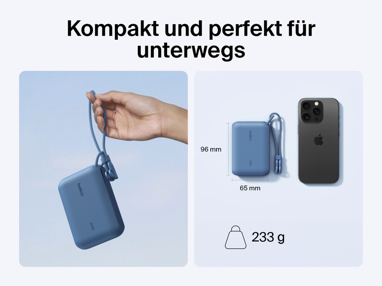 Die Belkin BoostCharge Powerbank 10K mit Display wird in einer Hand und neben einem Smartphone gezeigt, um das kompakte Design für unterwegs mit 96 x 65 mm und dem leichten Gewicht von 233 g zu veranschaulichen.