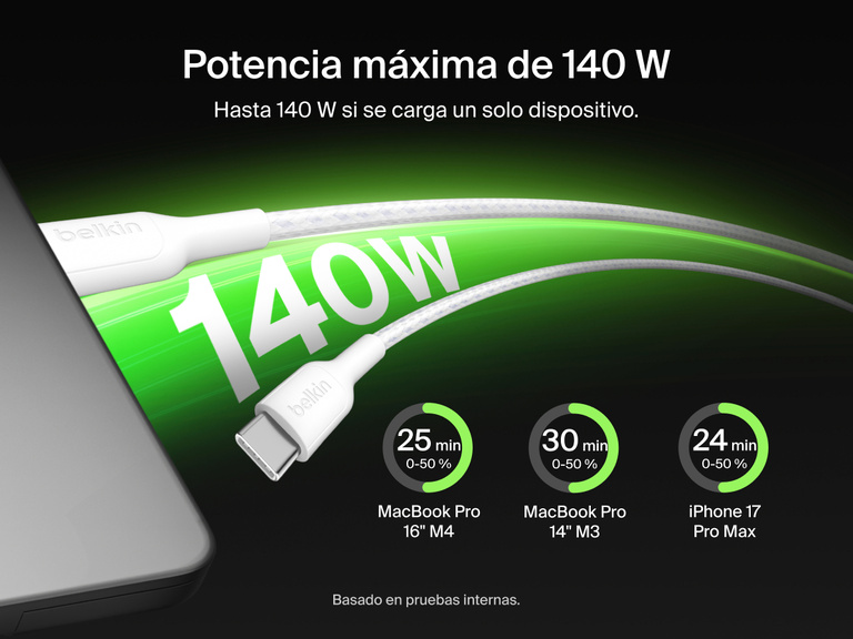 El cable trenzado USB-C a doble USB-C admite una potencia de salida m&aacute;xima de 140 W para habilitar la carga r&aacute;pida de un solo dispositivo, como port&aacute;tiles o smartphones.