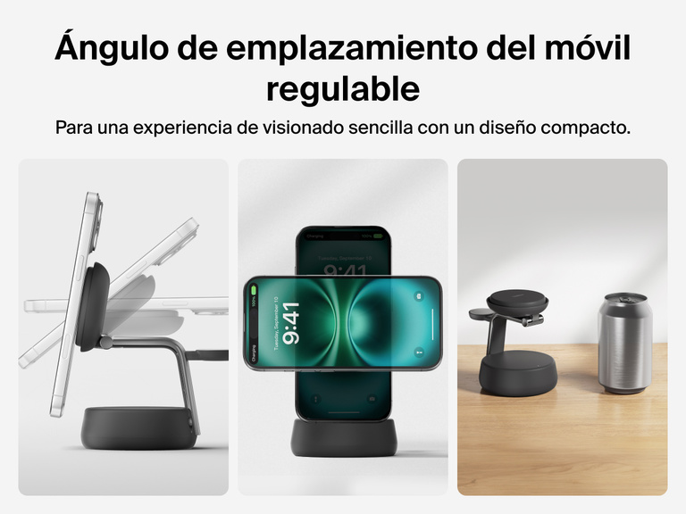 La estación magnética de carga 3 en 1 con Qi2 25W Belkin UltraCharge Pro permite ajustar el ángulo de inclinación del móvil. Además, su compacto diseño permite visionar contenido óptimamente y ahorrar espacio en su emplazamiento y transporte.