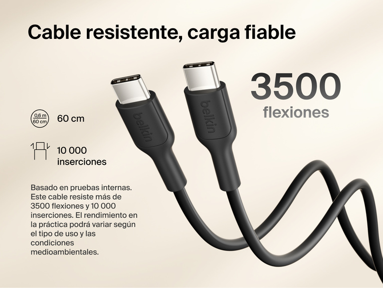 Belkin BoostCharge Slim Magnetic Power Bank 10K with included USB-C to USB-C cable highlighting durable design tested for 3,500 bends and 10,000 plug-ins