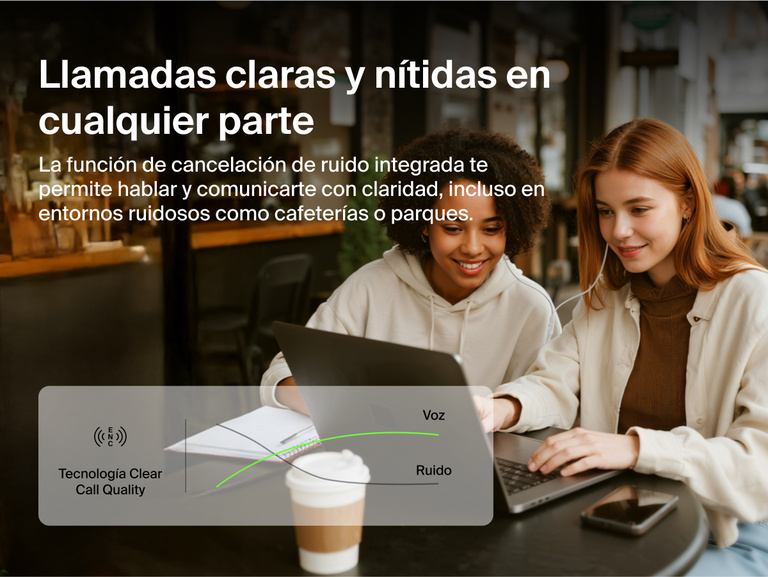 Belkin SoundForm ANC Wired Earbuds with USB-C® feature built-in noise reduction for clear call quality in busy environments like cafes or parks.