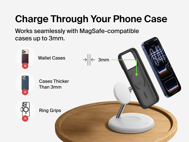 Belkin UltraCharge 3-in-1 Wireless Charging Stand with Qi2 25W demonstrating magnetic charging through MagSafe-compatible phone case up to 3mm thickness with compatibility guidelines shown