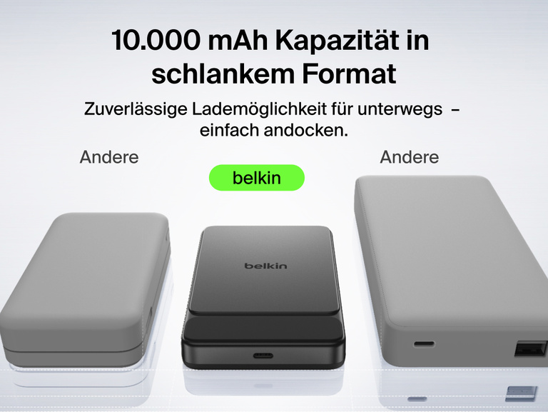 Belkin UltraCharge Slim Magnetic Power Bank 10K highlighting premium aluminum finish, ergonomic grip, soft-touch magnetic surface, digital display, and portable wireless charging design
