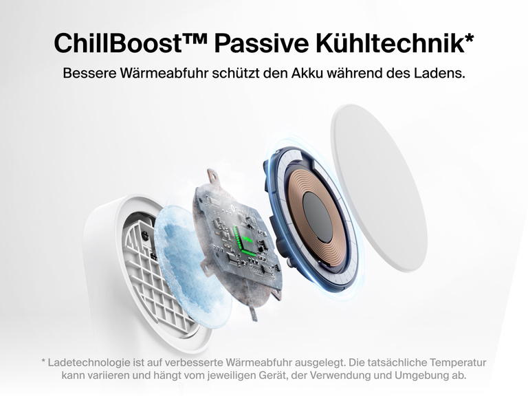 Die Belkin UltraCharge faltbare magnetische 2-in-1-Ladestation mit Qi2 25W zeichnet sich durch die passive Kühltechnik ChillBoost™ aus, die für eine verbesserte Wärmeabfuhr sorgt und den Akku während des Ladens schont.