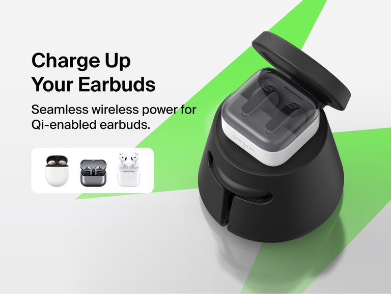 Belkin UltraCharge Modular Charging Dock with Qi2 25W wirelessly charging Qi-enabled earbuds, featuring a modular dock design for seamless, cable-free everyday charging.
