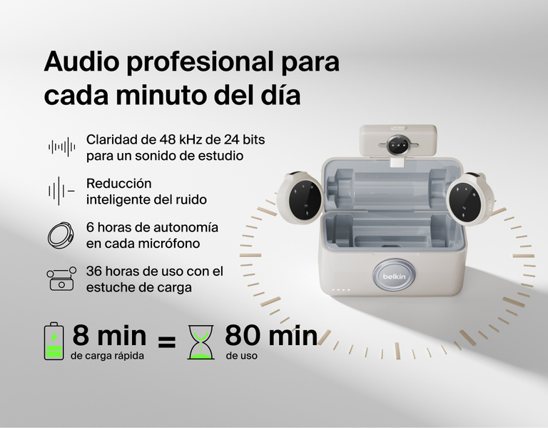 Image showing Belkin Stage Creator Kit wireless microphones and charging case featuring 24-bit/48 kHz studio-quality audio, smart noise reduction, 6-hour use per mic, and quick-charge capability.