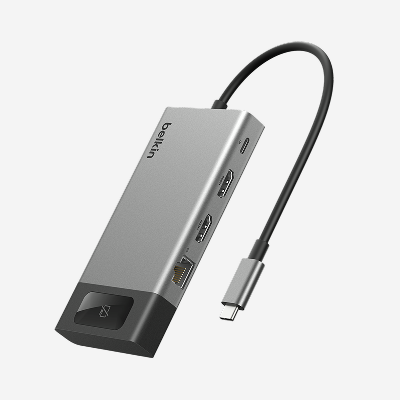 Belkin Connect 8-Port Dual Display USB-C Hub shown at an angled view, featuring USB-C, HDMI, Ethernet, and USB ports with an integrated USB-C cable for expanded device connectivity.