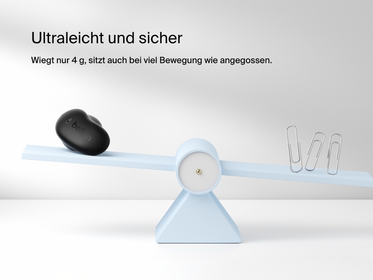 Belkin SoundForm Anywhere Wireless Earbuds shown on a balance scale highlighting ultra-light 4g weight and secure low-profile fit.
