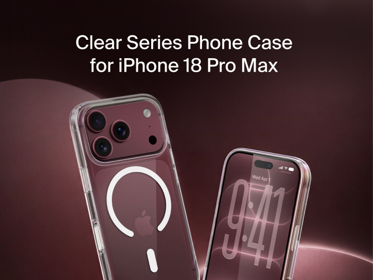Belkin Clear Series Case for iPhone 18 Pro Max shown from front and back with MagSafe-compatible magnetic ring and protective clear design.