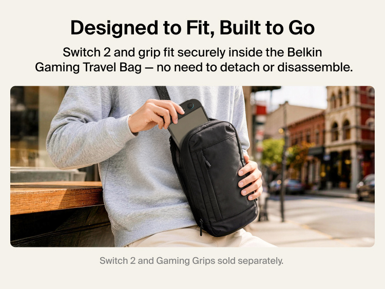 Belkin Gaming Travel Bag for Nintendo Switch 2 securely fits the console and compatible gaming grips without requiring disassembly.