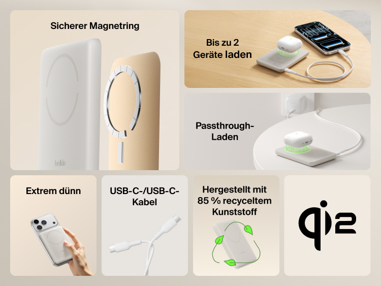 Belkin BoostCharge Slim Magnetic Power Bank 5K with Qi2 shown highlighting secure magnetic attachment, ultra-slim design, dual-device charging, USB-C connectivity, pass-through charging, and sustainability features.
